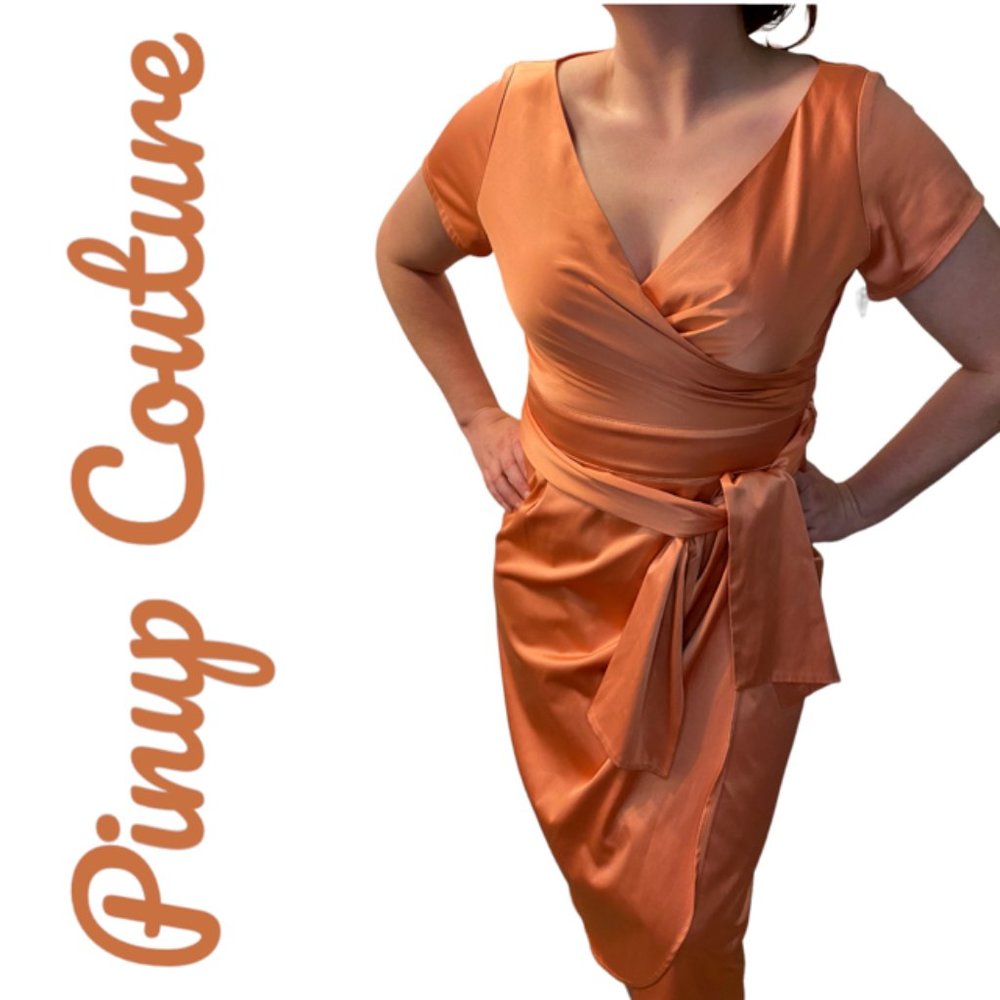 Pinup Couture Ava Midi Wiggle In Peach Pink Cocktail Dress sz XL